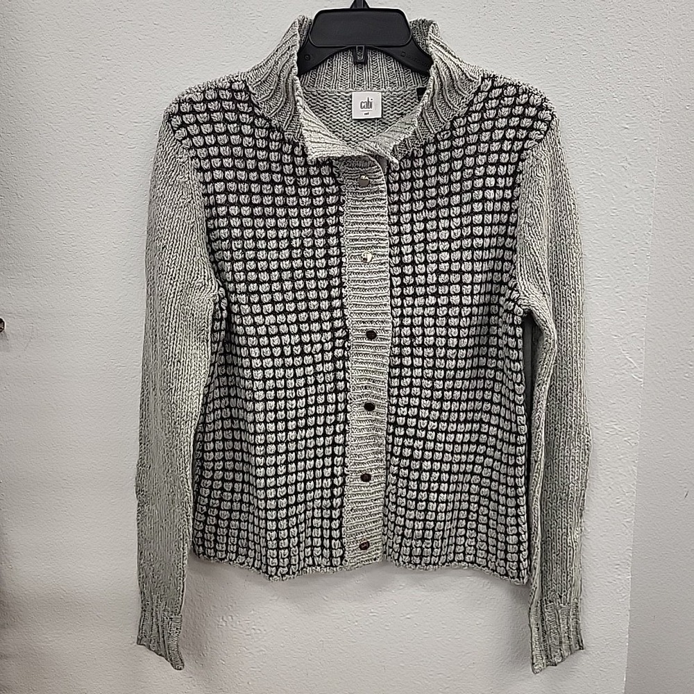 Cabi Square Stitch Snap Front Cardigan Sweater, Gray, Size Medium